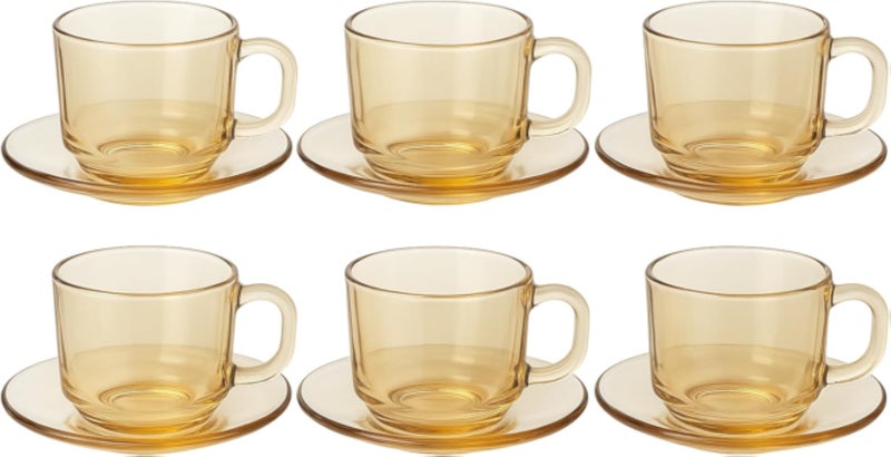6-Piece Amber Glass Espresso Cup Set with Saucers â€“ Elegant Ribbed Design, Heat-Resistant Coffee Cups for Turkish Coffee, Espresso & Tea (Shape 1)